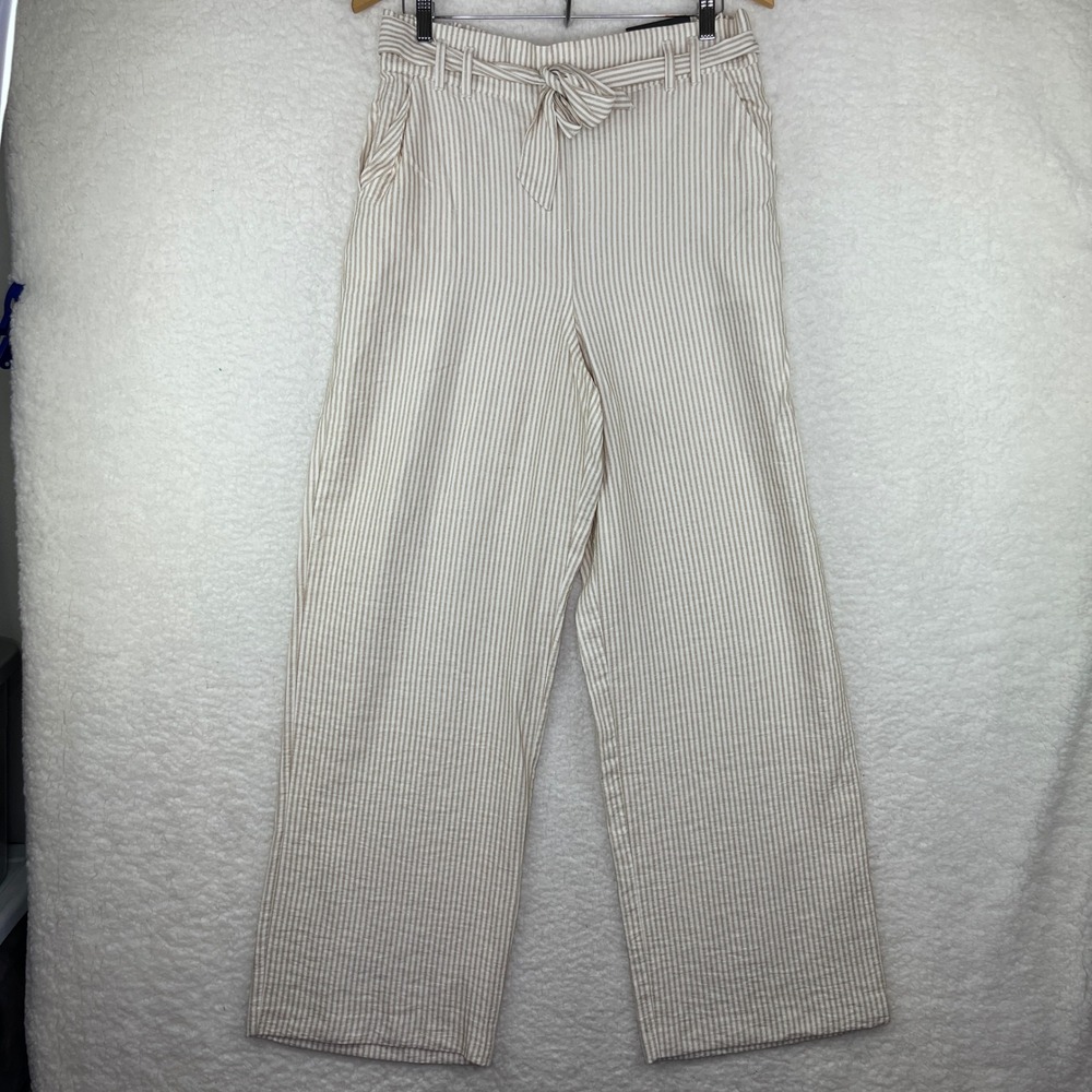 Maurices Womens Wide Leg Striped High Rise Tie Waist Pants Tan White Large L